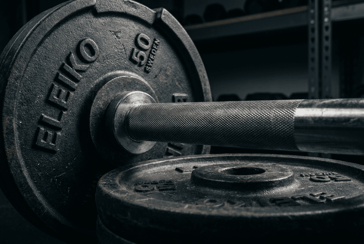 Close up of premium gym equipment and weight plates