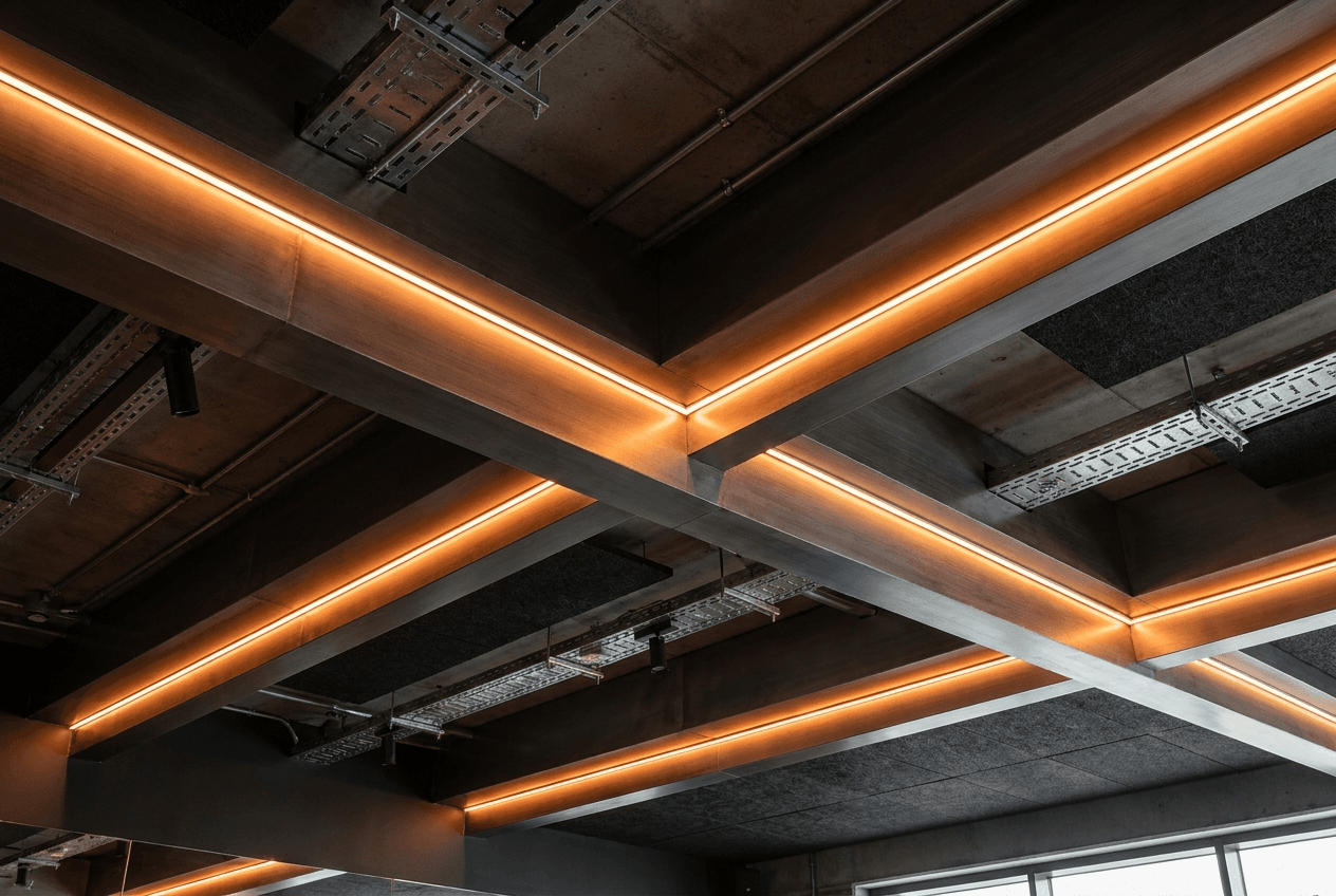 Linear orange LED lighting detail in gym