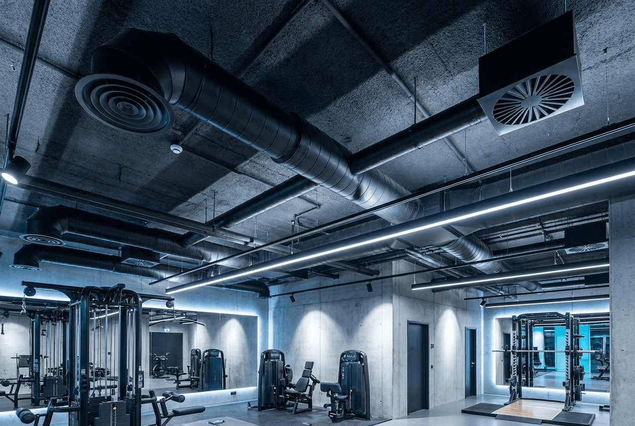 Modern exposed gym ventilation system